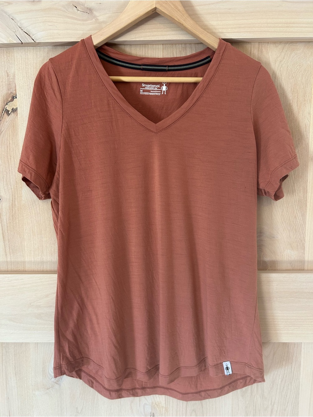 Smartwool Women's Merino Sport 120 V-Neck tee in Rust, Size Medium.